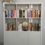 Detalhe da sala de atendimento, com estante de livros e objetos decorativos.