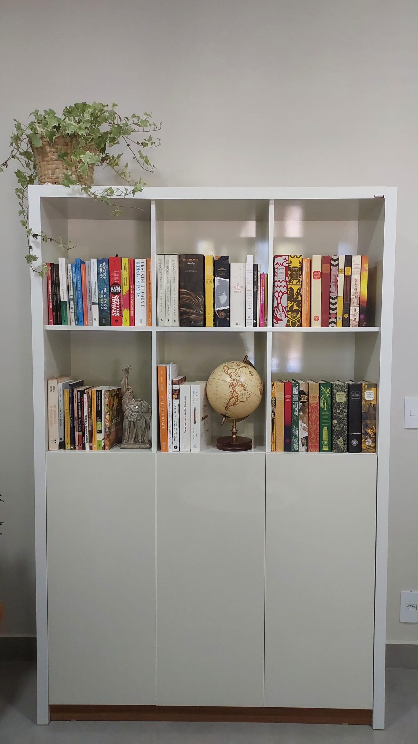 Detalhe da sala de atendimento, com estante de livros e objetos decorativos.