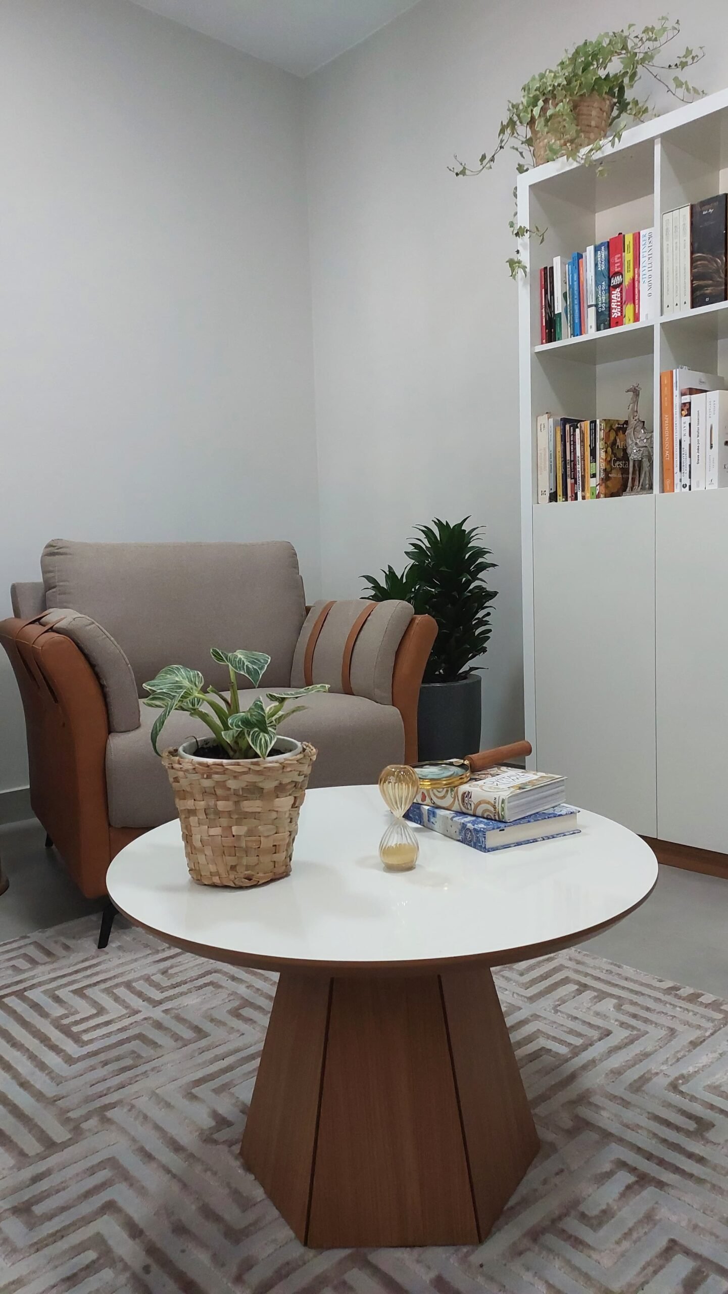 Detalhe da sala de atendimento, com poltrona, mesa de centro, estante de livros e objetos de decoração